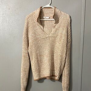 Chic Beige Ribbed Cowl Neck Sweater